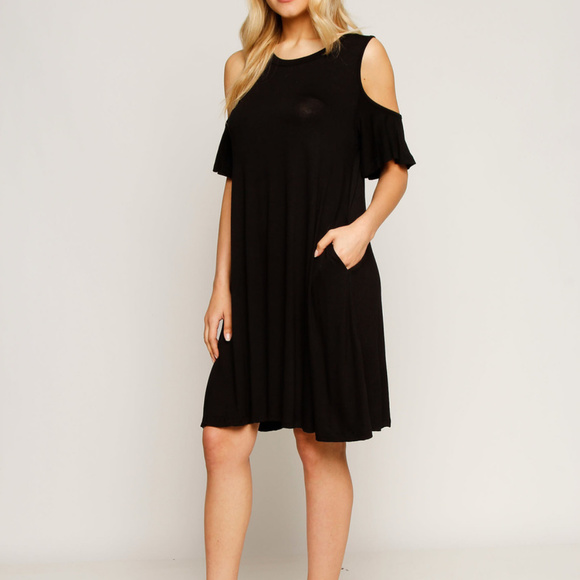 OPEN SHOULDER SCOOP NECK SWING DRESS - Picture 2 of 4